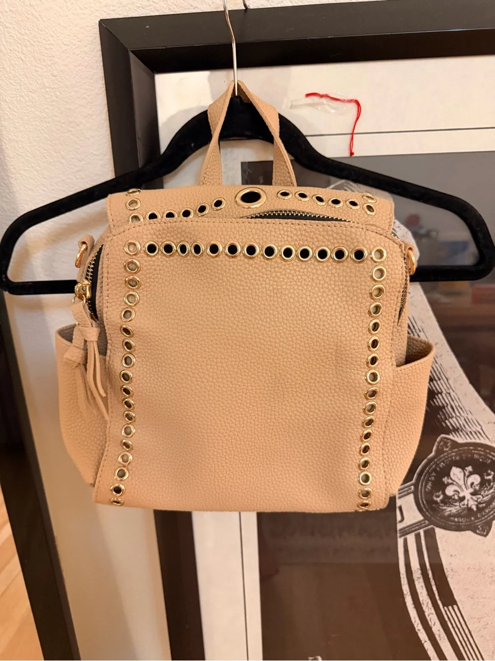 Beige Pebbled Women's Backpack with Gold Eyelet Accents (NWOT)
